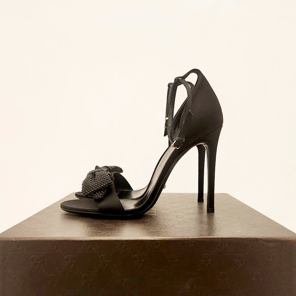 Gucci Black Satin Crystal Embellished Bow Open Toe Ankle Strap Sandals Size 37.5